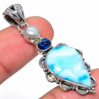 Natural Republic Larimar, Kyanite 925 Solid Sterling Silver Pendant 2.05 L0V54