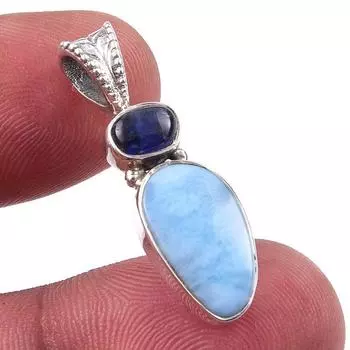 Natural Republic Larimar, Kyanite 925 Solid Sterling Silver Pendant 1.25 p8b56