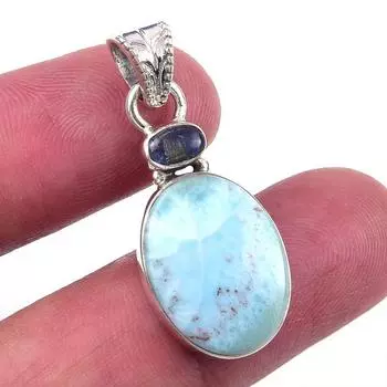 Natural Republic Larimar, Kyanite 925 Solid Sterling Silver Pendant 1.25 t4j56