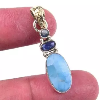 Natural Republic Larimar, Kyanite 925 Solid Sterling Silver Pendant 1.50 W1E54