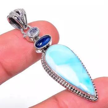 Natural Republic Larimar, Kyanite 925 Solid Sterling Silver Pendant 2.13 K4w62