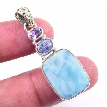 Natural Republic Larimar,Kyanite Gemstone 925 Solid Silver Pendant 1.75 h9B50