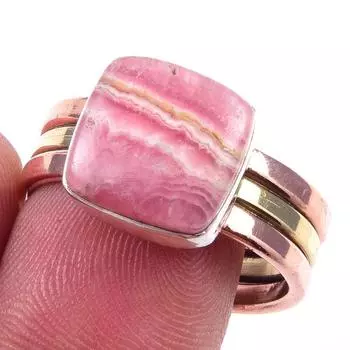 Natural Rhodochrosite Gemstone 925 Sterling Silver Two Tone Ring Size 10 H4H63