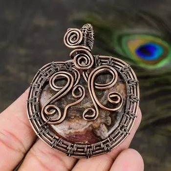 Natural Rhodochrosite Gemstone Handmade Copper Wire Wrap Pendant 2.56 T9B85