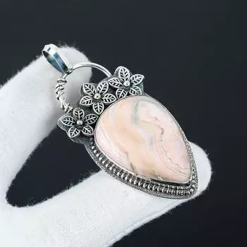 Natural Rhodochrosite Gemstone Silver Pendant in 925 Sterling Silver- Handmade Flower Design, Everyday Wear Jewelry, Unique Pendant Engagement Gift 2.55 розовый
