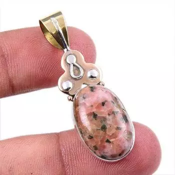 Natural Rhodonite Gemstone 925 Solid Sterling Silver Two Tone Pendant 1.75 e5D37