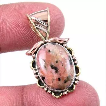 Natural Rhodonite Gemstone 925 Solid Sterling Silver Two Tone Pendant 1.25 W2C31