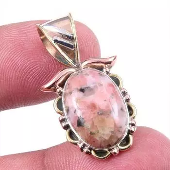 Natural Rhodonite Gemstone 925 Solid Sterling Silver Two Tone Pendant 1.25 O8v16