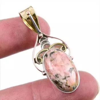 Natural Rhodonite Gemstone 925 Solid Sterling Silver Two Tone Pendant 1.75 J1K27