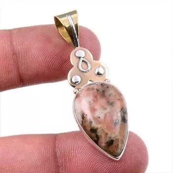 Natural Rhodonite Gemstone 925 Solid Sterling Silver Two Tone Pendant 1.75 U6V47