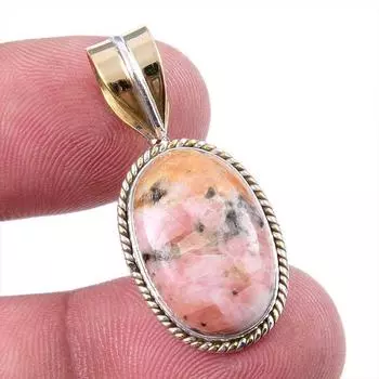 Natural Rhodonite Gemstone 925 Solid Sterling Silver Two Tone Pendant 1.25 d2q35