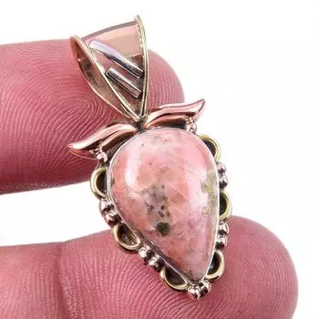 Natural Rhodonite Gemstone 925 Solid Sterling Silver Two Tone Pendant 1.25 A0I15