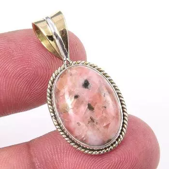 Natural Rhodonite Gemstone 925 Solid Sterling Silver Two Tone Pendant 1.25 K8E29