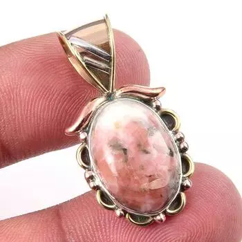 Natural Rhodonite Gemstone 925 Solid Sterling Silver Two Tone Pendant 1.25 Y3E13