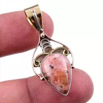 Natural Rhodonite Gemstone 925 Solid Sterling Silver Two Tone Pendant 1.5 V4G05