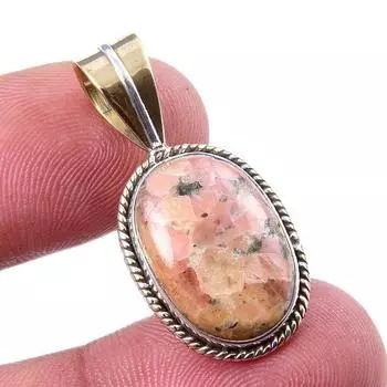 Natural Rhodonite Gemstone 925 Solid Sterling Silver Two Tone Pendant 1.25 K1J20