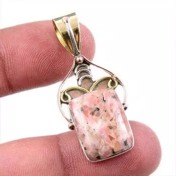 Natural Rhodonite Gemstone 925 Solid Sterling Silver Two Tone Pendant 1.5 z9E25