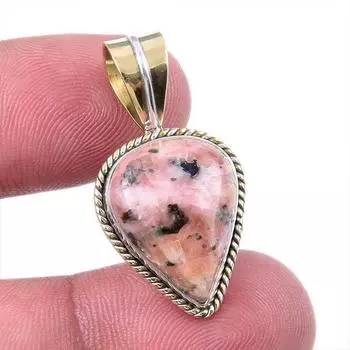 Natural Rhodonite Gemstone 925 Solid Sterling Silver Two Tone Pendant 1.25 m5F36