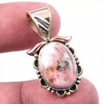 Natural Rhodonite Gemstone 925 Solid Sterling Silver Two Tone Pendant 1.25 K2O54