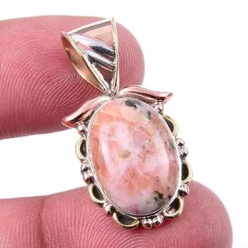 Natural Rhodonite Gemstone 925 Solid Sterling Silver Two Tone Pendant 1.25 J6s10