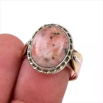 Natural Rhodonite Gemstone 925 Solid Sterling Silver Two Tone Ring Size 8.5 b9n28