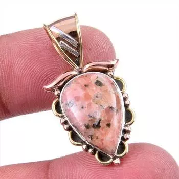 Natural Rhodonite Gemstone 925 Solid Sterling Silver Two Tone Pendant 1.25 Z0J58