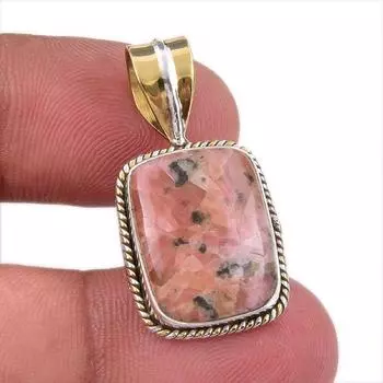 Natural Rhodonite Gemstone 925 Solid Sterling Silver Two Tone Pendant 1.50 h0G64