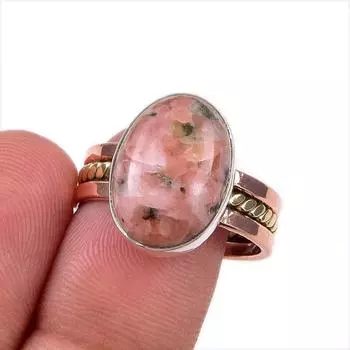 Natural Rhodonite Gemstone 925 Solid Sterling Silver Two Tone Ring Size 8.5 n9w82