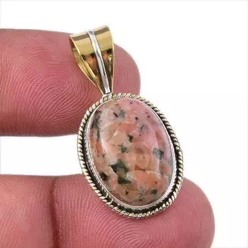 Natural Rhodonite Gemstone 925 Solid Sterling Silver Two Tone Pendant 1.25 n1E71