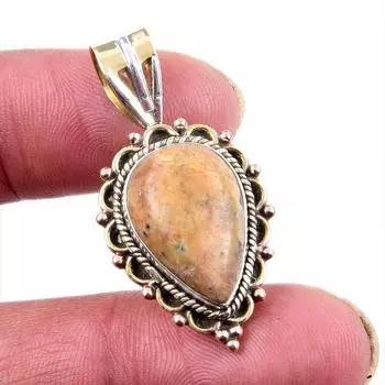 Natural Rhodonite Gemstone 925 Solid Sterling Silver Two Tone Pendant 1.5 u4G85