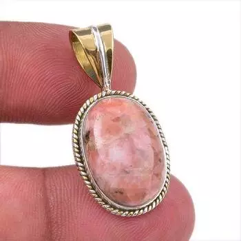 Natural Rhodonite Gemstone 925 Solid Sterling Silver Two Tone Pendant 1.50 W6B75