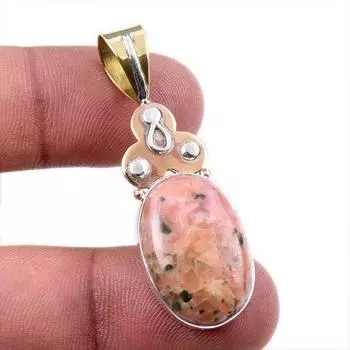 Natural Rhodonite Gemstone 925 Solid Sterling Silver Two Tone Pendant 1.75 N6E27