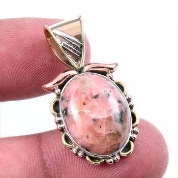 Natural Rhodonite Gemstone 925 Solid Sterling Silver Two Tone Pendant 1.25 H7n82