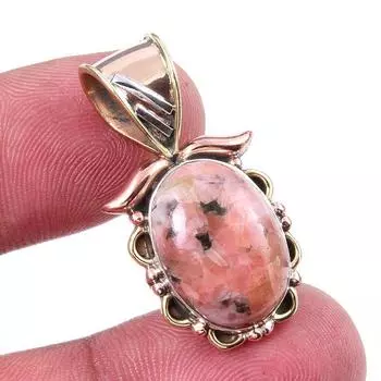 Natural Rhodonite Gemstone 925 Solid Sterling Silver Two Tone Pendant 1.25 N6P34