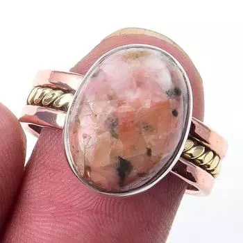 Natural Rhodonite Gemstone Handmade 925 Sterling Silver Two Tone Ring S.9 v7W88