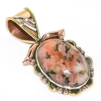 Natural Rhodonite Gemstone Two Tone 925 Solid Sterling Silver Pendant 1.25 y8O06