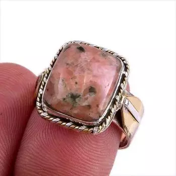 Natural Rhodonite Gemstone Two Tone 925 Sterling Silver Jewelry Ring Size 7 y3e36