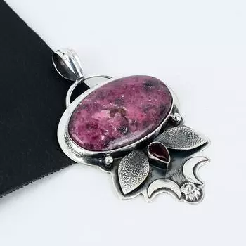 Natural Rhodonite, Red Garnet Gemstone Silver Pendant in 925 Sterling Silver- Handmade Design, Everyday Wear Jewelry, Unique Pendant Birthday Gift 2.55 красный