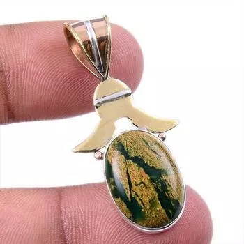 Natural Rhyolite Gemstone 925 Solid Sterling Silver Two Tone Pendant 1.50 N4w01