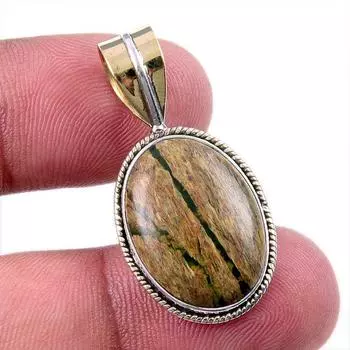 Natural Rhyolite Gemstone 925 Solid Sterling Silver Two Tone Pendant 1.25 a9N26