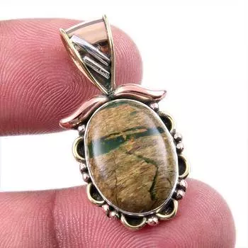 Natural Rhyolite Gemstone 925 Solid Sterling Silver Two Tone Pendant 1.25 F1z47
