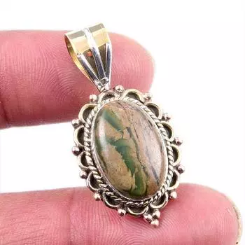 Natural Rhyolite Gemstone 925 Solid Sterling Silver Two Tone Pendant 1.5 R3h76