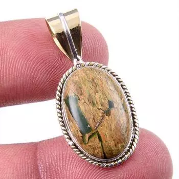Natural Rhyolite Gemstone 925 Solid Sterling Silver Two Tone Pendant 1.25 f4m95