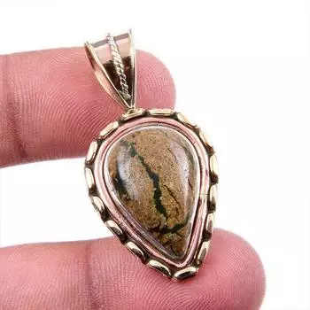 Natural Rhyolite Gemstone 925 Solid Sterling Silver Two Tone Pendant 1.5 k2R95