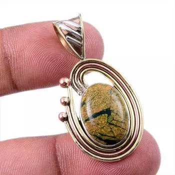 Natural Rhyolite Gemstone 925 Solid Sterling Silver Two Tone Pendant 1.50 J6r76