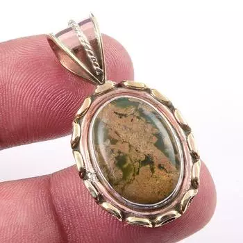 Natural Rhyolite Gemstone 925 Solid Sterling Silver Two Tone Pendant 1.25 h9C64