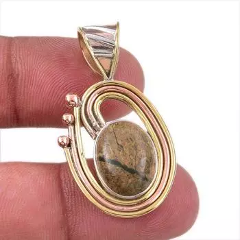 Natural Rhyolite Gemstone 925 Solid Sterling Silver Two Tone Pendant 1.50 P2S48