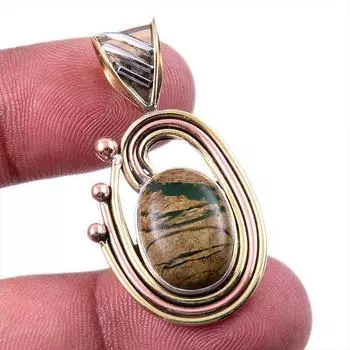 Natural Rhyolite Gemstone 925 Solid Sterling Silver Two Tone Pendant 1.50 g2n44