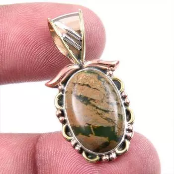 Natural Rhyolite Gemstone 925 Solid Sterling Silver Two Tone Pendant 1.25 T6U88