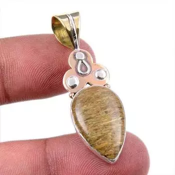 Natural Rhyolite Gemstone 925 Solid Sterling Silver Two Tone Pendant 1.75 d0C32